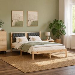 Solid Pine Wood Bed Frame with Upholstered Headboard