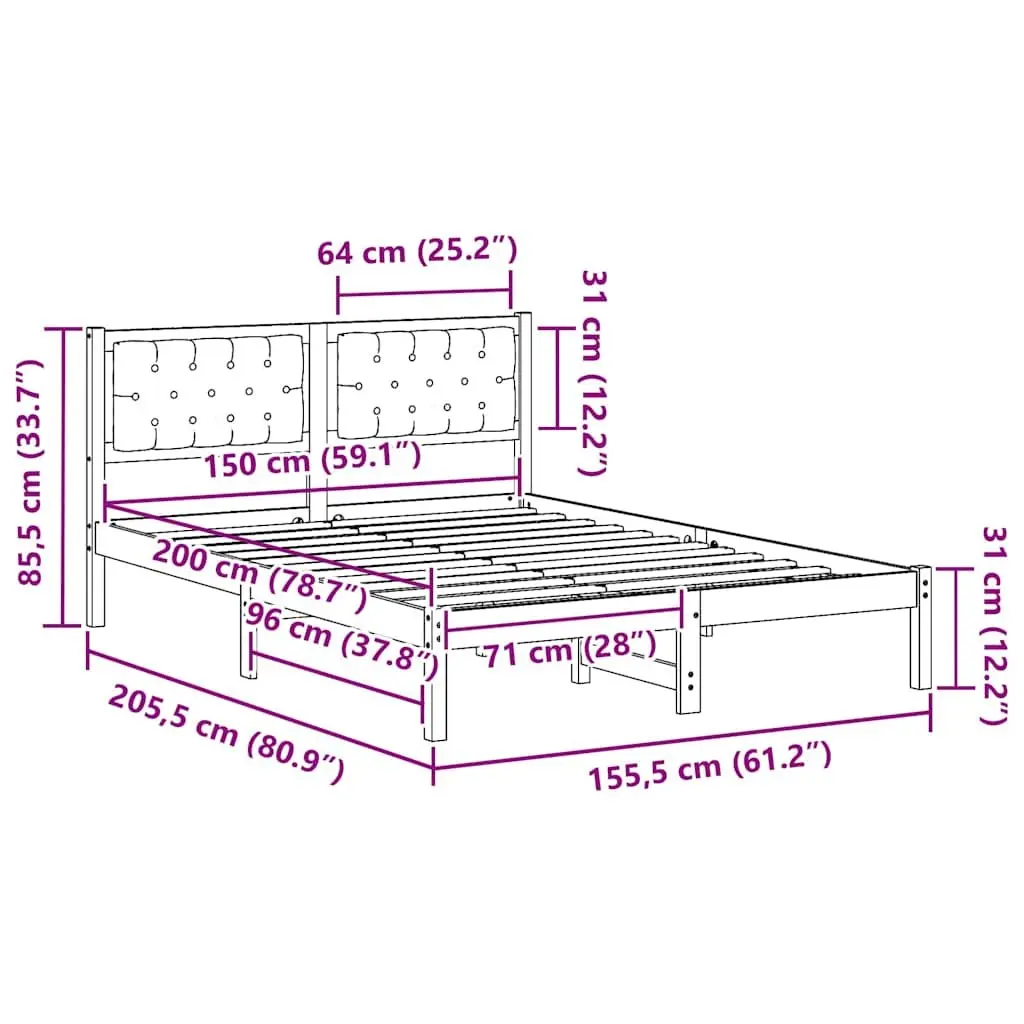 Solid Pine Wood Bed Frame with Upholstered Headboard