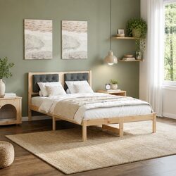 Warm Minimalist Bed Frame with Upholstered Headboard 135 x 190 cm