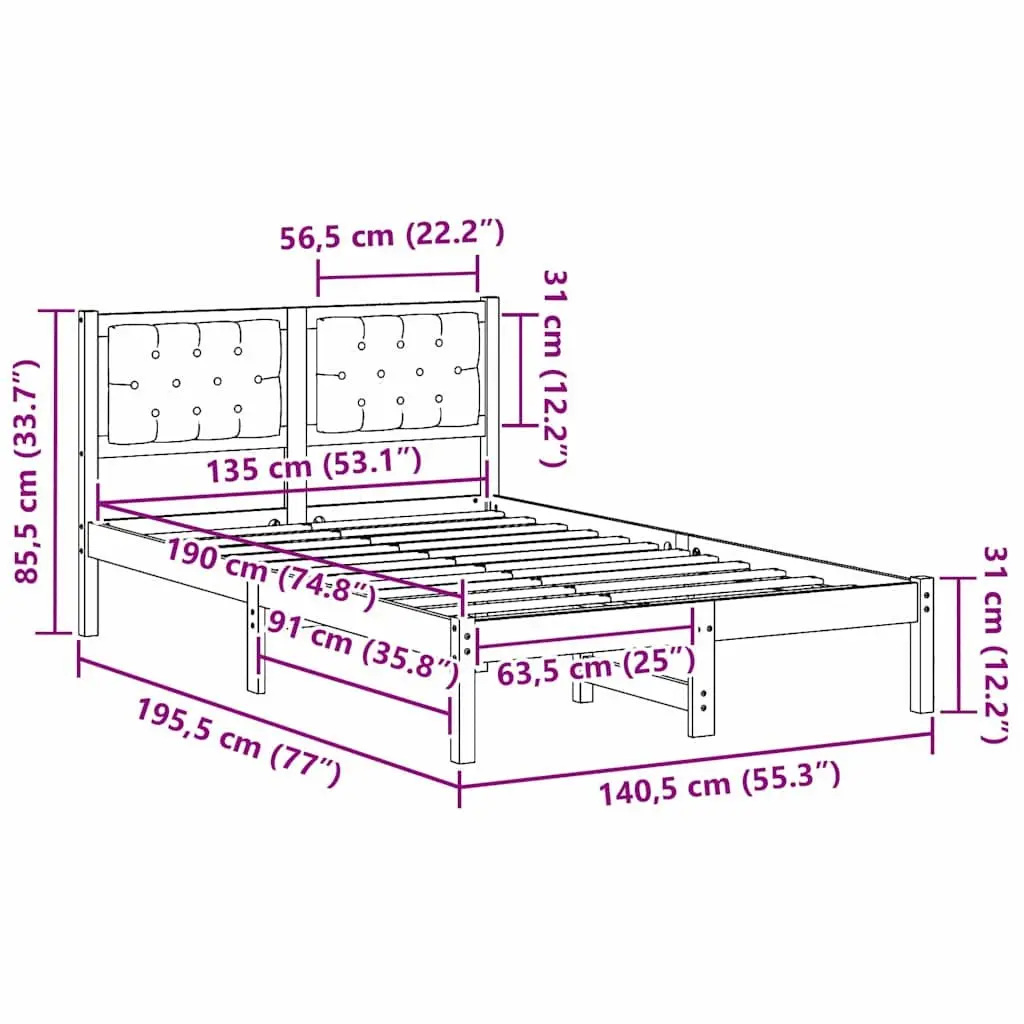 Bed Frame with Headboard 135 x 190 cm Solid Pine Wood Modern Minimalist Design