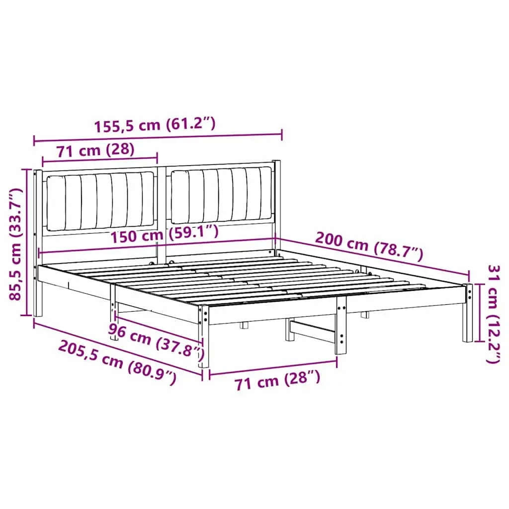 Bed Frame Upholstered Headboard 150 x 200 cm Dark Grey Solid Pine Wood