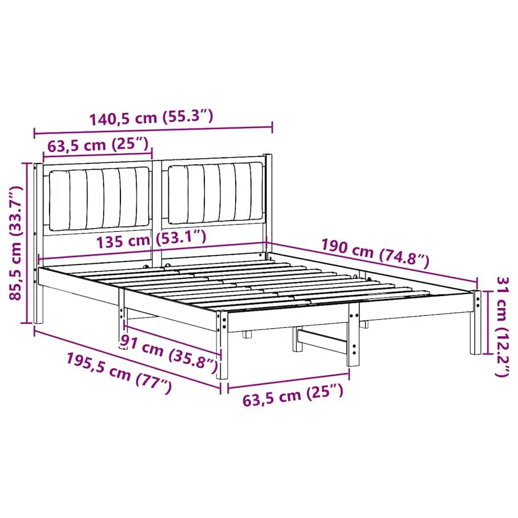 Bed Frame Upholstered Headboard Modern 135 x 190 cm Solid Pine Wood