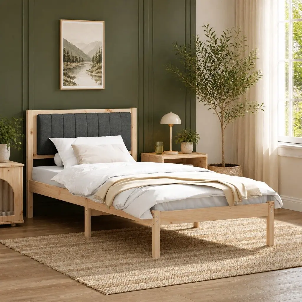 Dark Grey Upholstered Headboard Bed Frame 90 x 190 cm