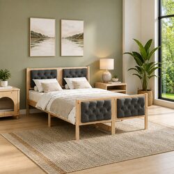 Grey Bed Frame with Headboard 135 x 190 cm Solid Pine Wood