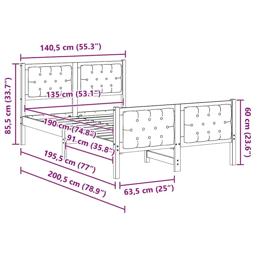Bed Frame Grey 135 x 190 cm Solid Pine Wood with Headboard