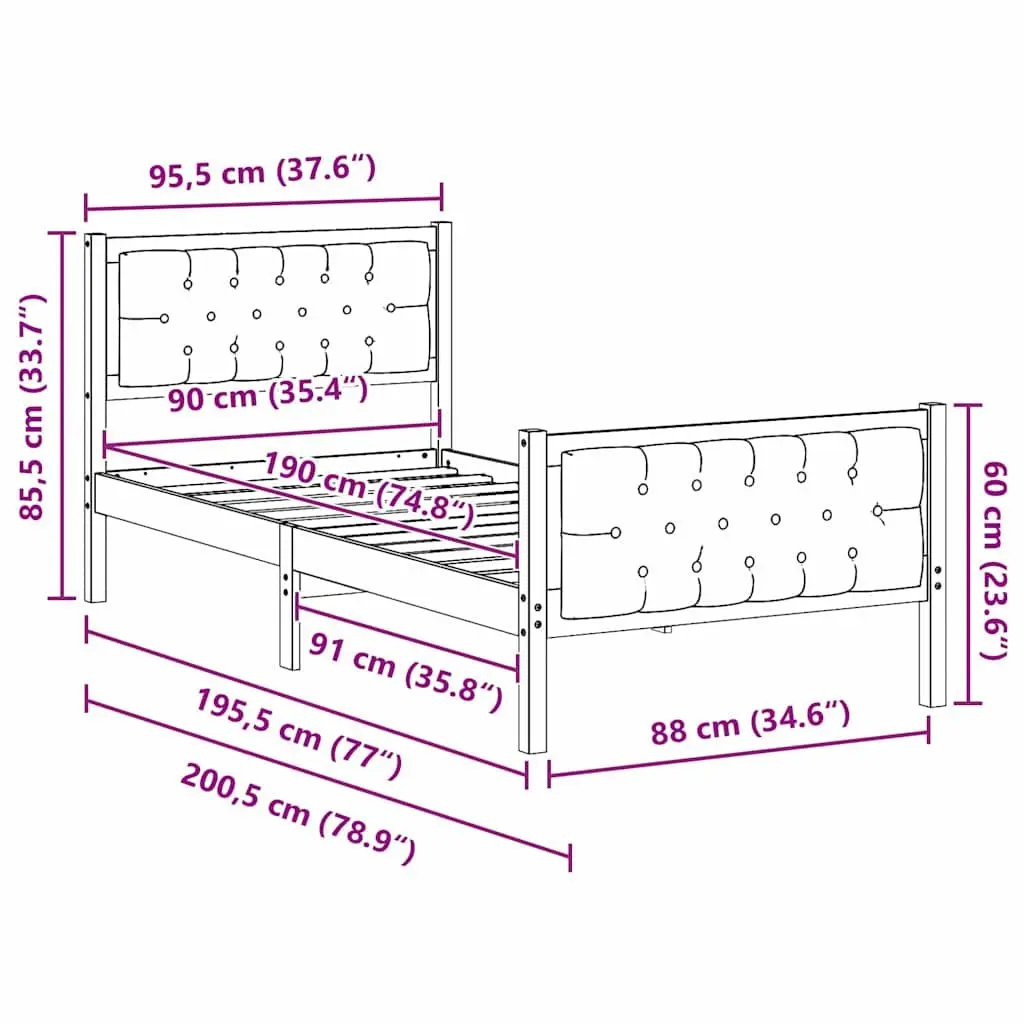 Bed Frame with Padded Headboard 90 x 190 cm