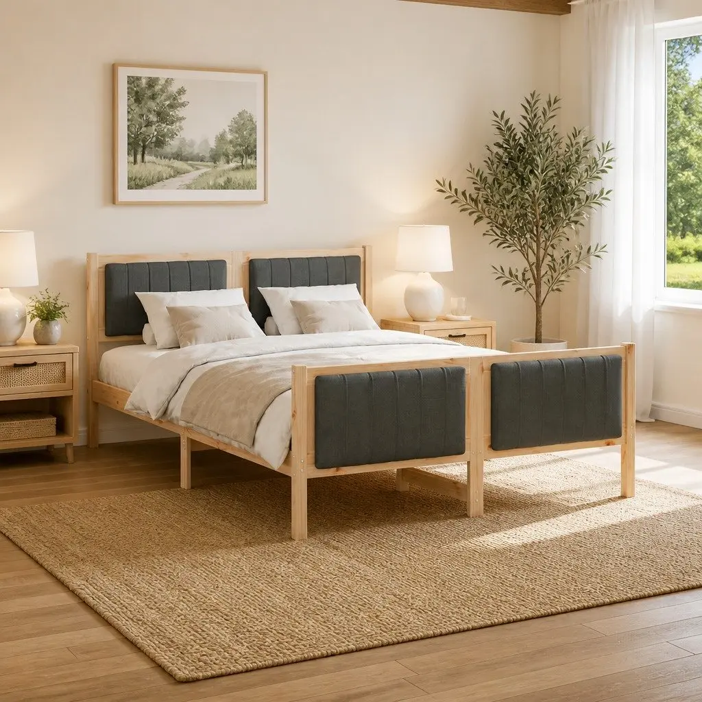 Bed Frame 135 x 190 cm Platform Solid Pine Wood Brown Dark Grey Bedroom