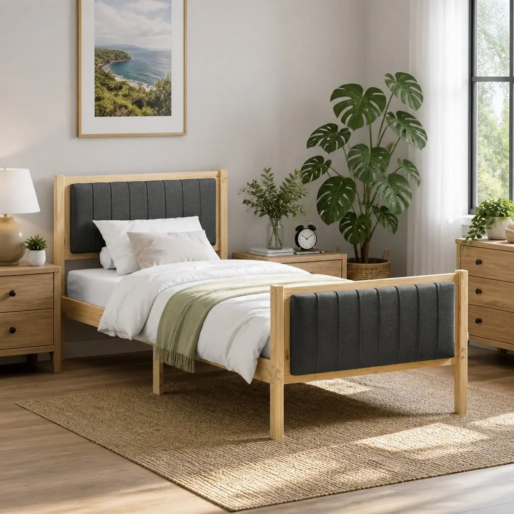 Bed Frame 90 x 190 cm Platform Solid Pine Wood Bedroom Furniture Modern Design