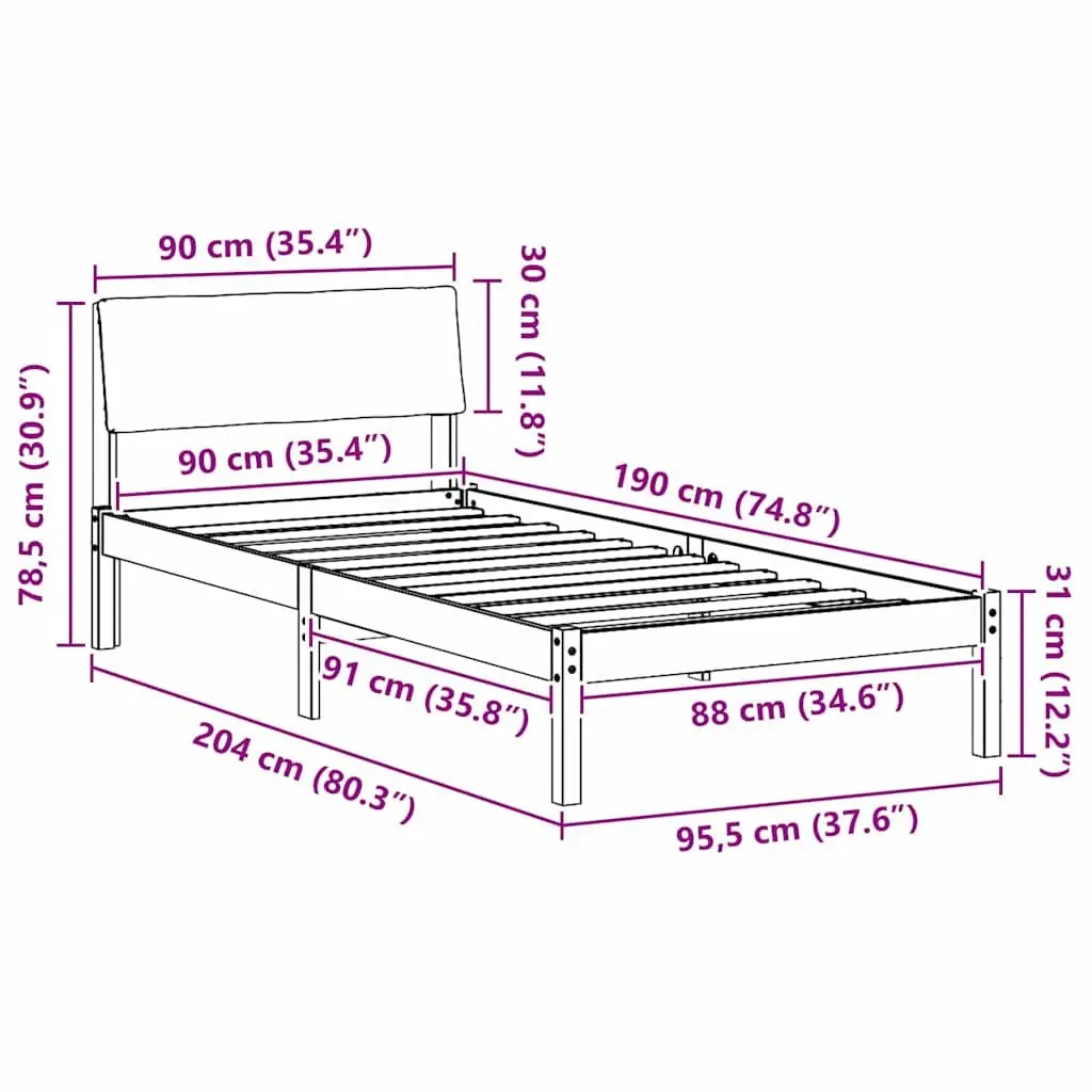 Solid Pine Wood Bed Frame 90 x 190 cm with Headboard