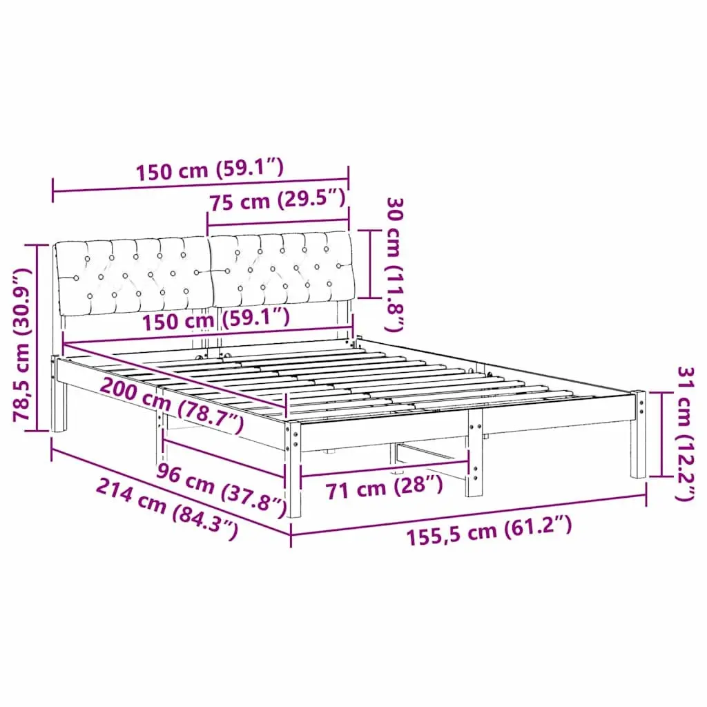 Platform Bed Frame Modern 150x200cm Solid Pine Wood Brown Dark Grey