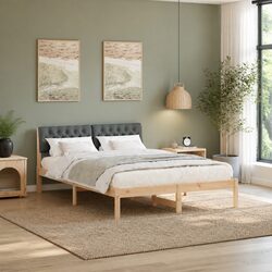 Brown Dark Grey Solid Pine Wood Platform Bed Frame 135 x 190 cm