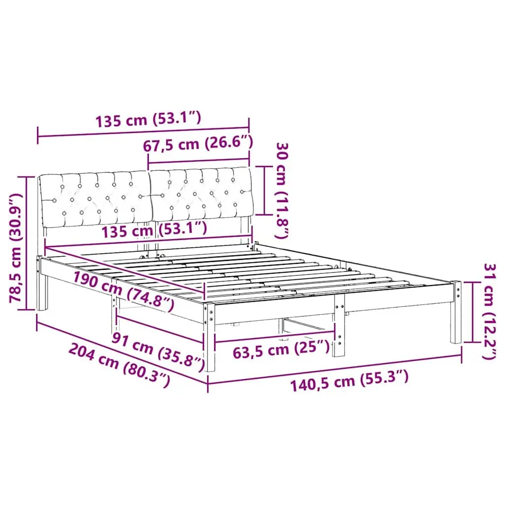 Brown Dark Grey Solid Pine Wood Platform Bed Frame 135 x 190 cm