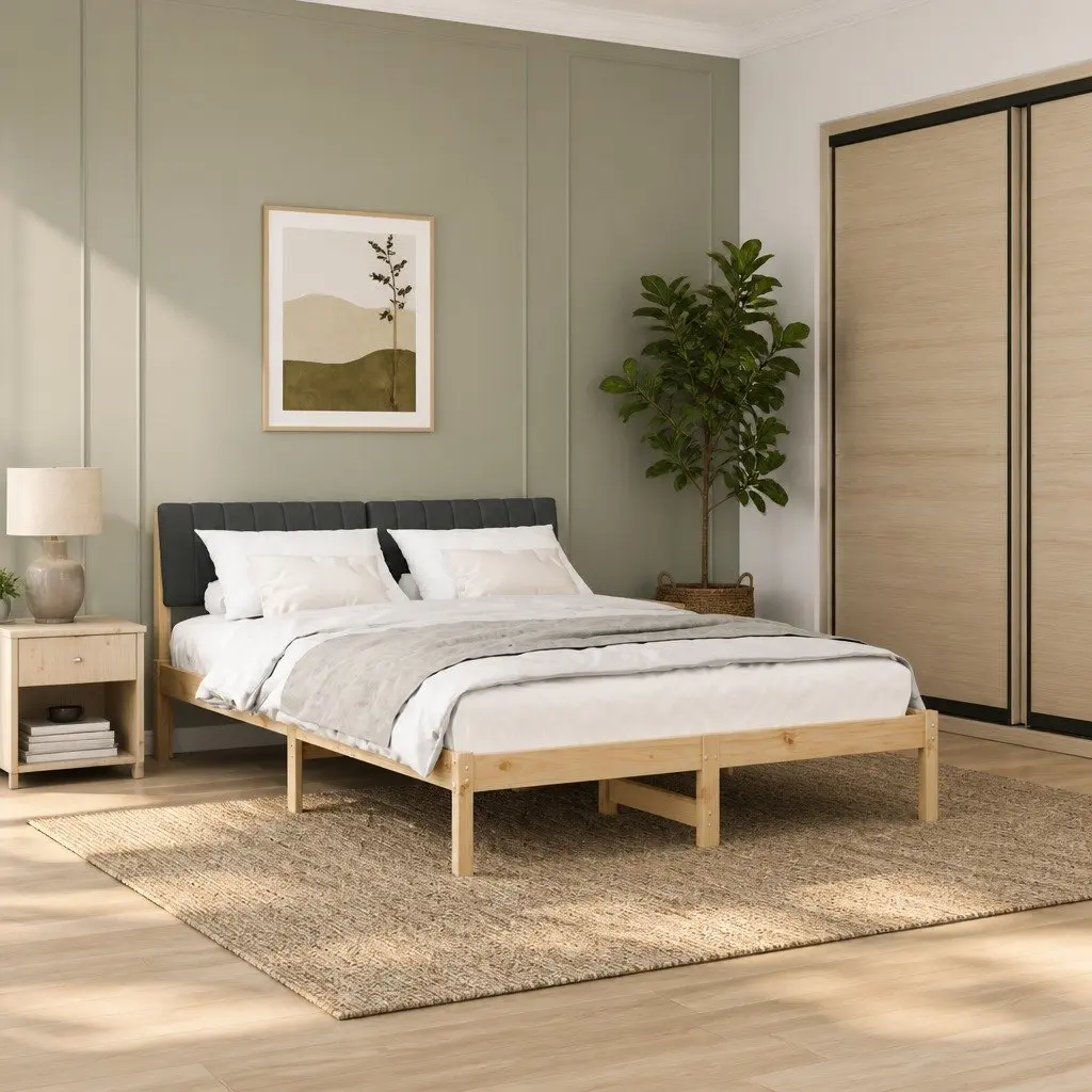 Solid Pine Wood Bed Frame with Wall-Mounted Headboard