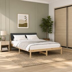 Solid Pine Wood Bed Frame with Wall-Mounted Headboard