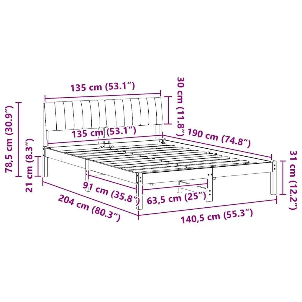 Solid Pine Wood Bed Frame with Wall-Mounted Headboard