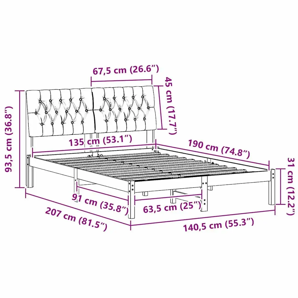 Bed Frame Platform Brown 135 x 190 cm Solid Pine Upholstered Headboard