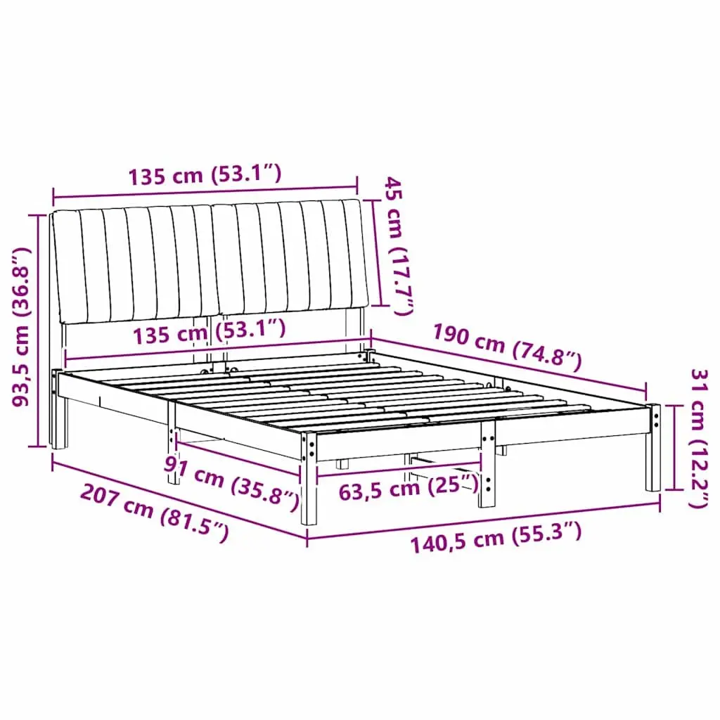 Bed Frame Modern Brown 135 x 190 cm Solid Pine Wood Upholstered Headboard