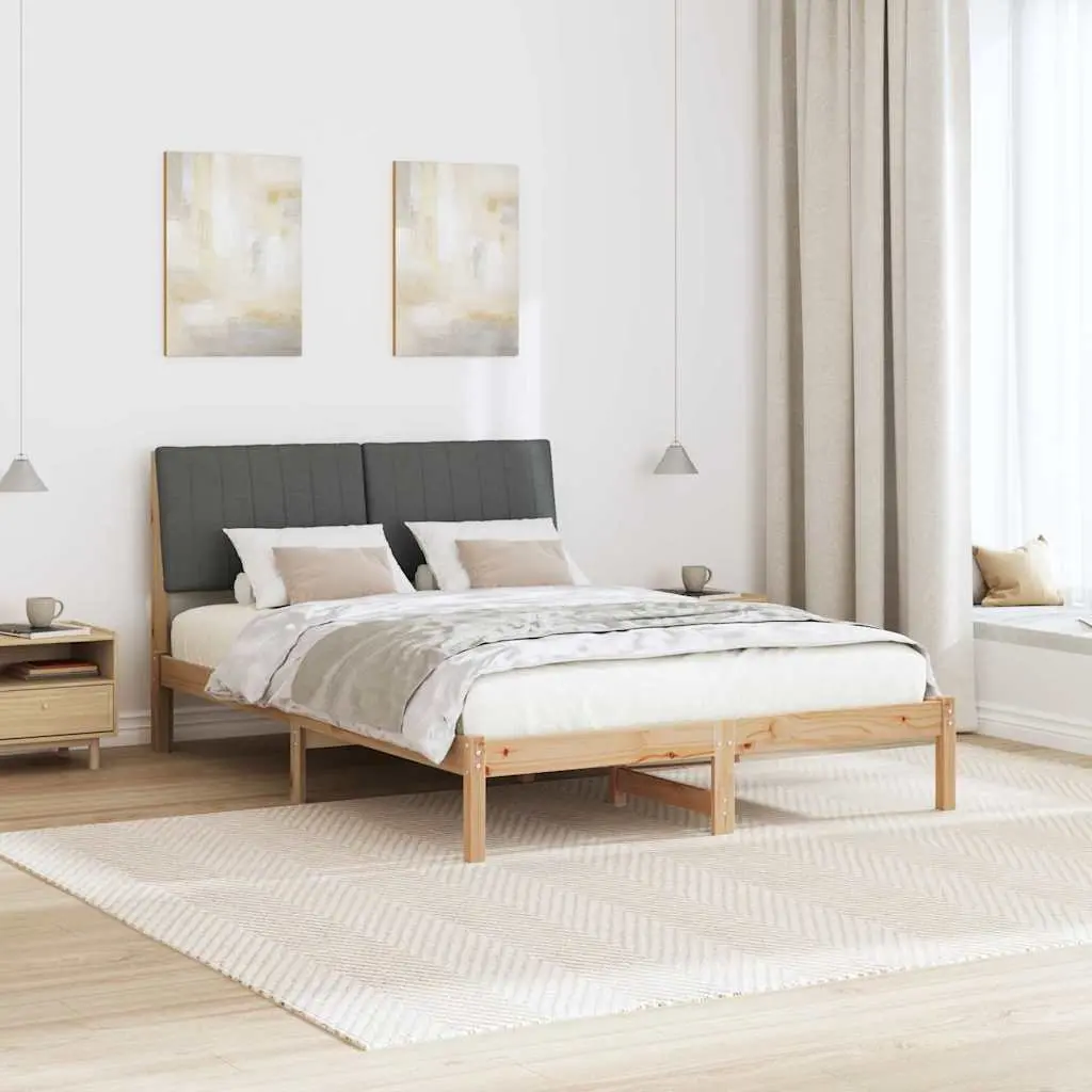 Bed Frame Modern Brown 135 x 190 cm Solid Pine Wood Upholstered Headboard