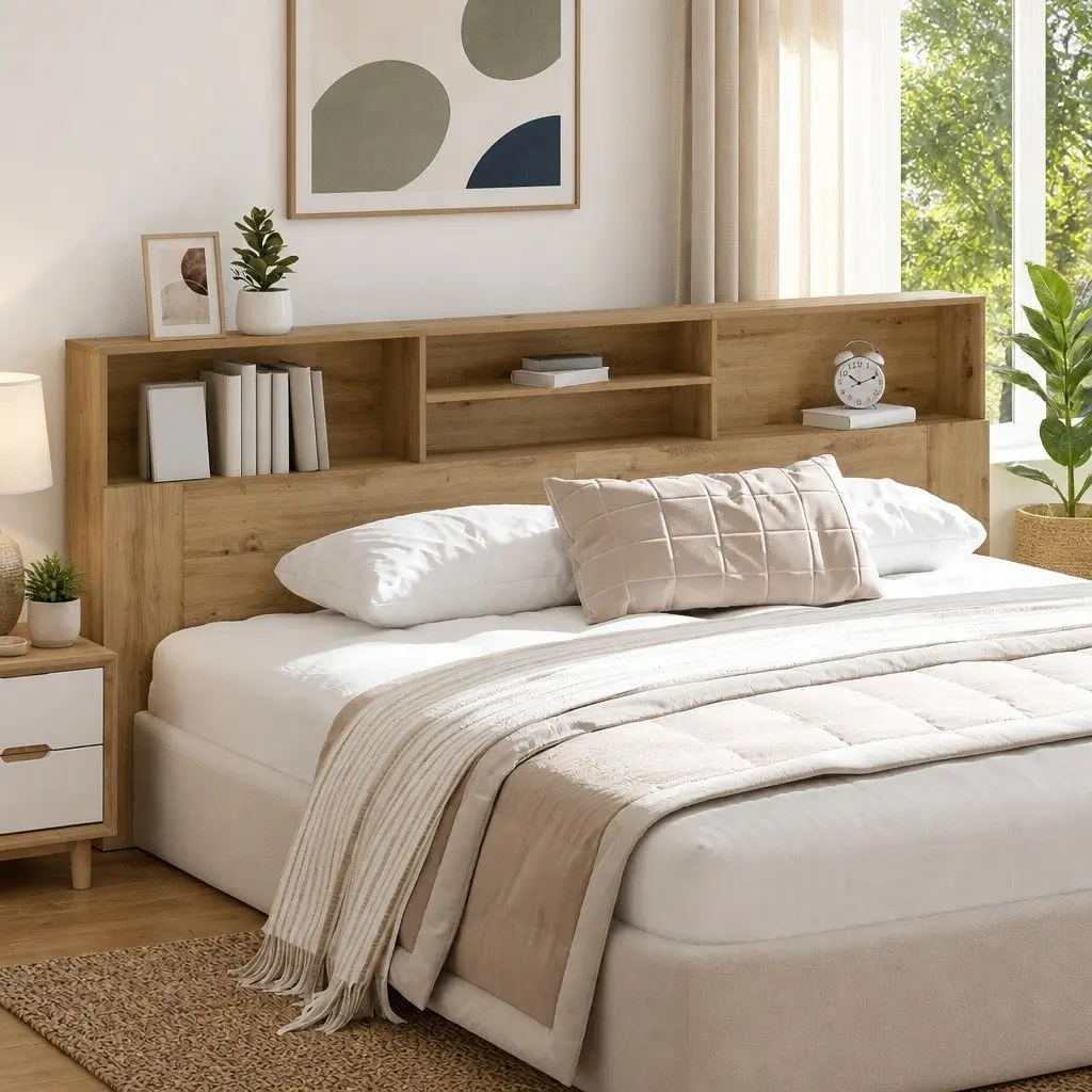 Wall-Mounted Headboard Cabinet with Shelves Modern Bedroom Storage Engineered