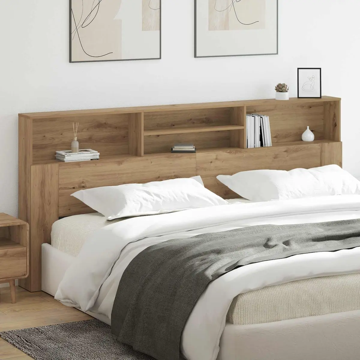 Wall-Mounted Headboard Cabinet with Shelves Modern Bedroom Storage Engineered
