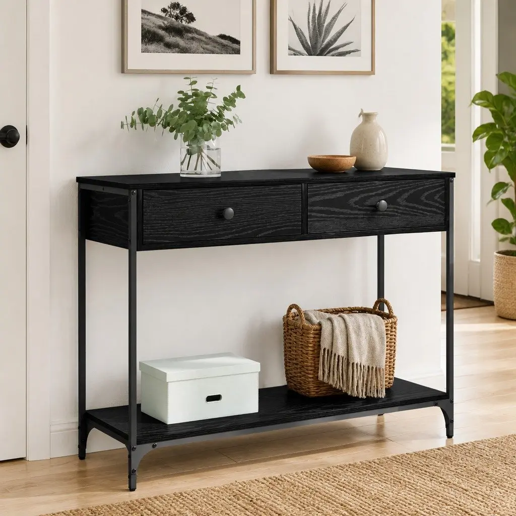 Black Oak Console Table with Storage Shelves