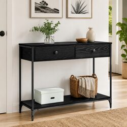 Black Oak Console Table with Storage Shelves