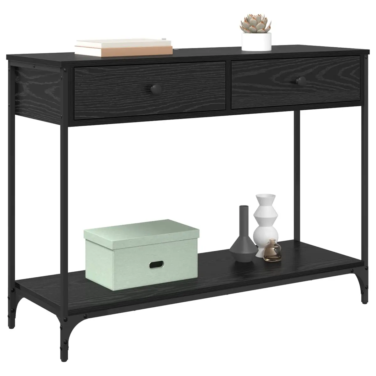 Black Oak Console Table with Storage Shelves
