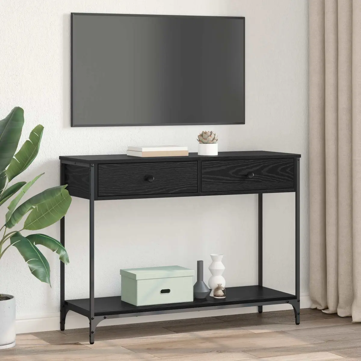 Black Oak Console Table with Storage Shelves