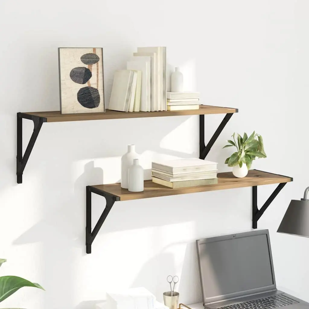 Wall-Mounted Floating Shelves Rectangular Brown Engineered Wood Minimalist 2 Piece Set