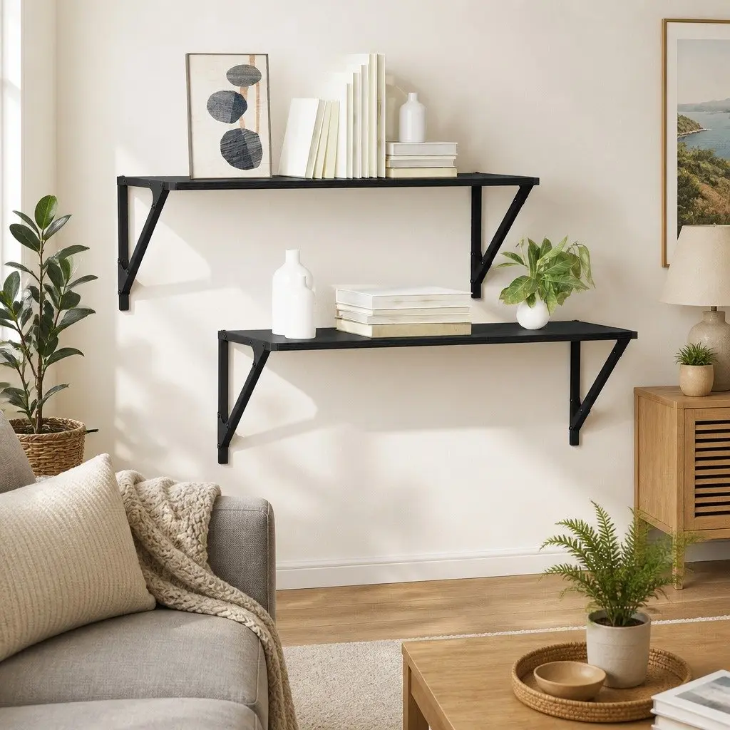 Wall Shelves Black 80 x 25 x 25.5 cm Engineered Wood Modern Floating 2 Piece