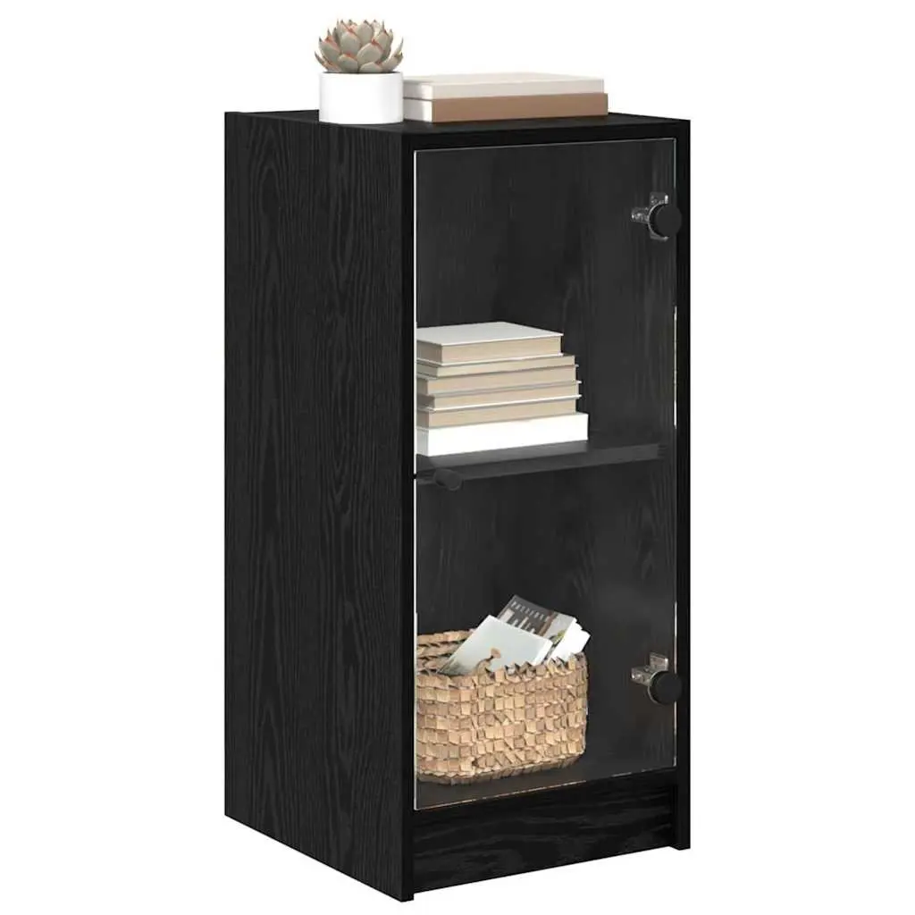 Black Sideboard with Glass Doors Modern Storage Cabinet Engineered Wood Buffet