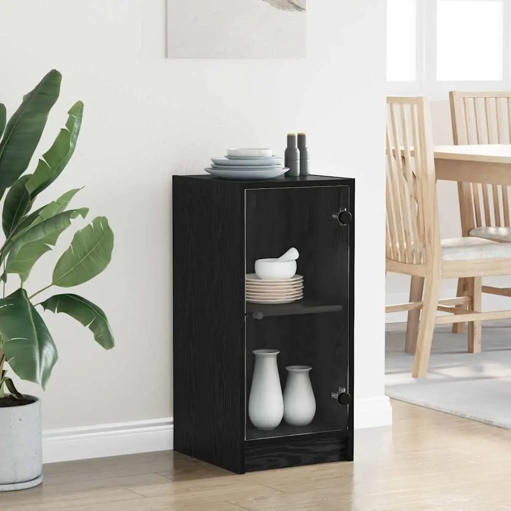 Black Sideboard with Glass Doors Modern Storage Cabinet Engineered Wood Buffet
