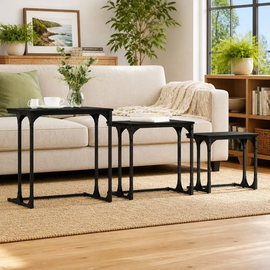 Nesting Coffee Table Industrial Black 3 Piece Engineered Wood Steel