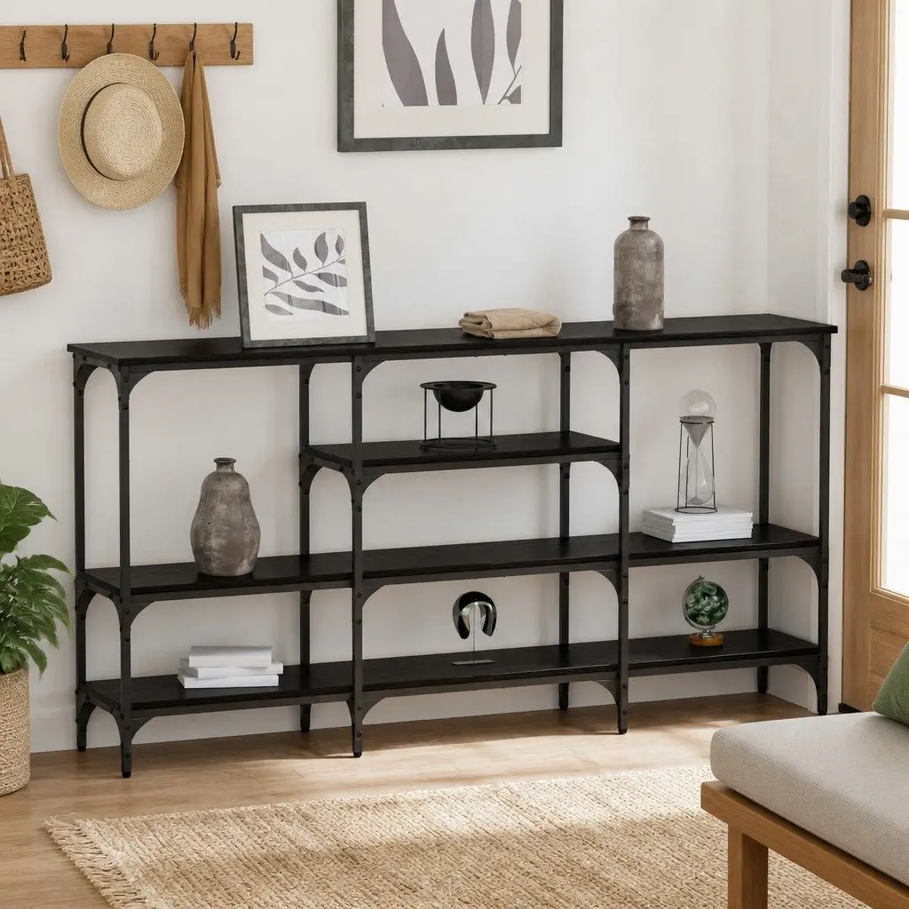 Black Oak Console Table with Steel Frame