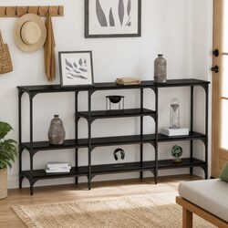 Stylish Black Oak Console Table with Steel Frame