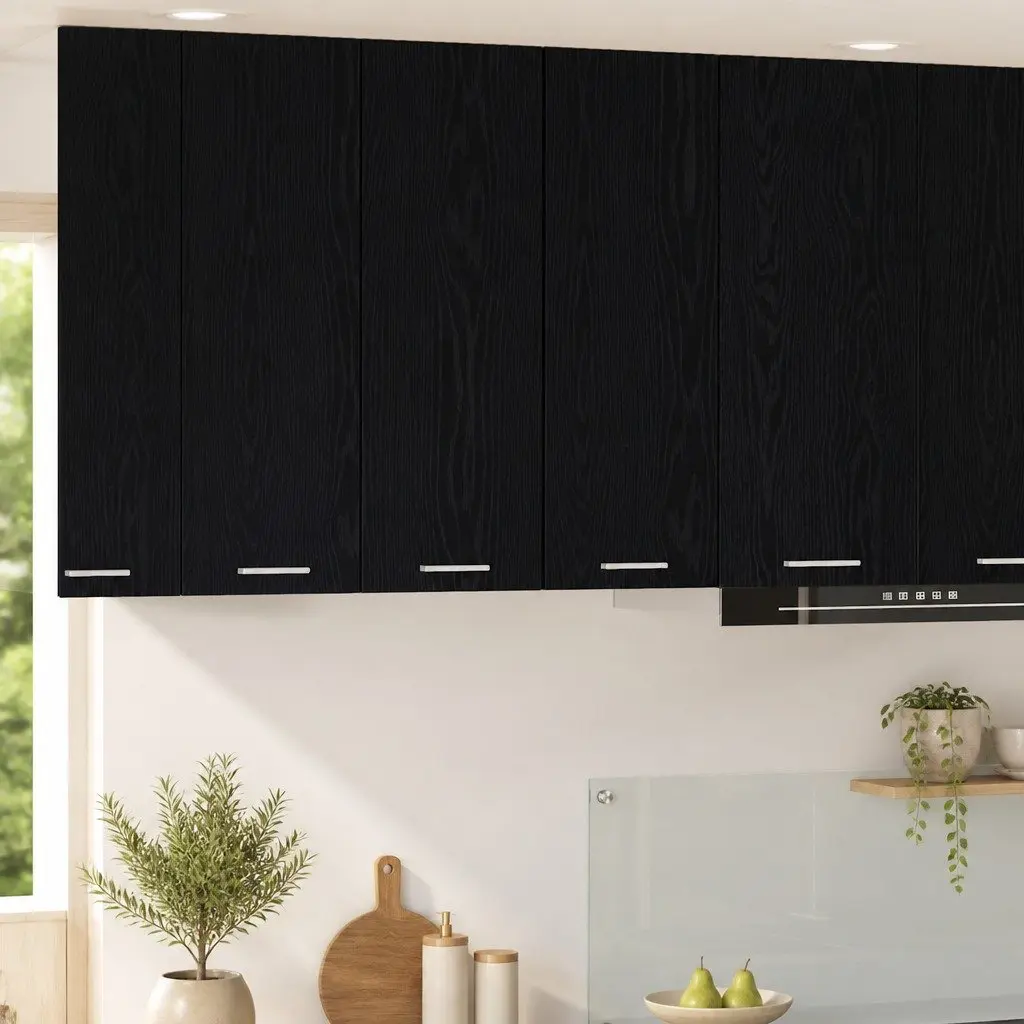Hanging Kitchen Cabinet Set in Black Oak and White