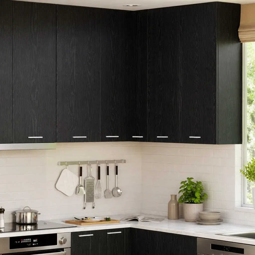 Black Oak and White Hanging Kitchen Cabinet