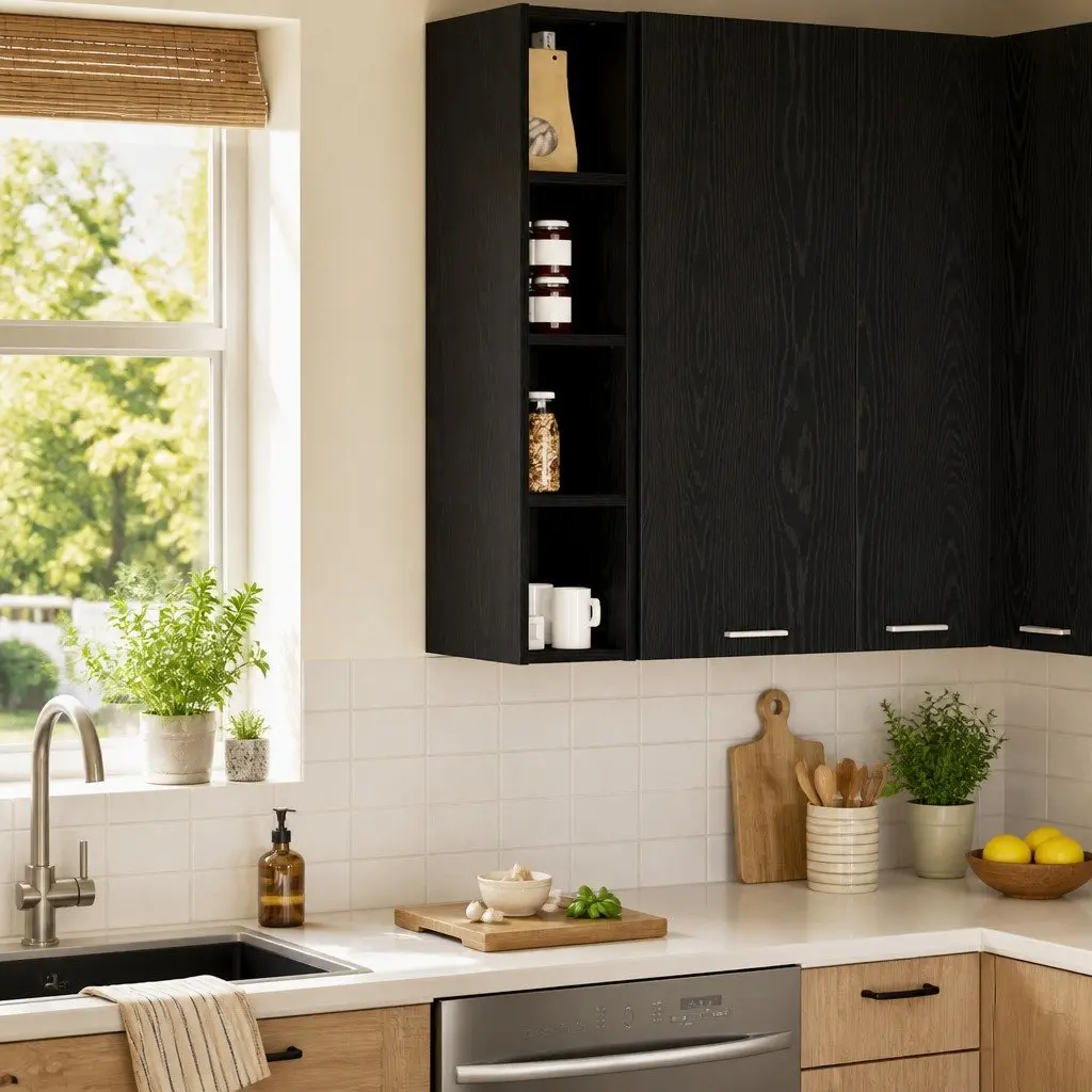 Hanging Kitchen Cabinet Black Oak Modern Storage Wall Unit Engineered Wood