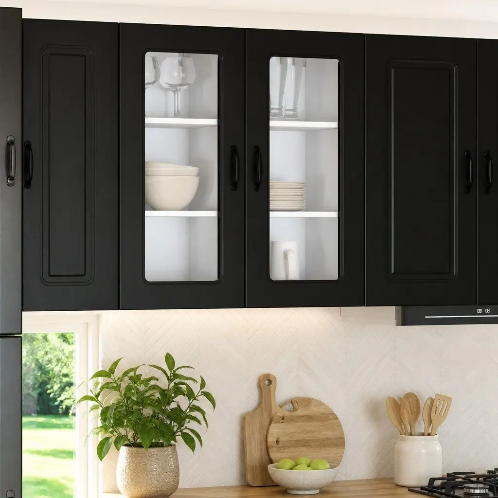 Black Engineered Wood Kitchen Cabinet for Dishware