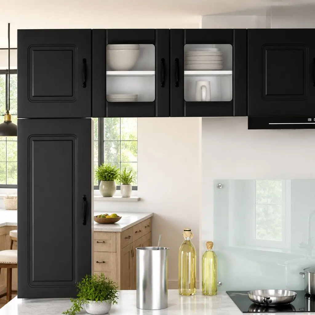 Wall Glass Cabinet Black Modern Rectangular Engineered Wood