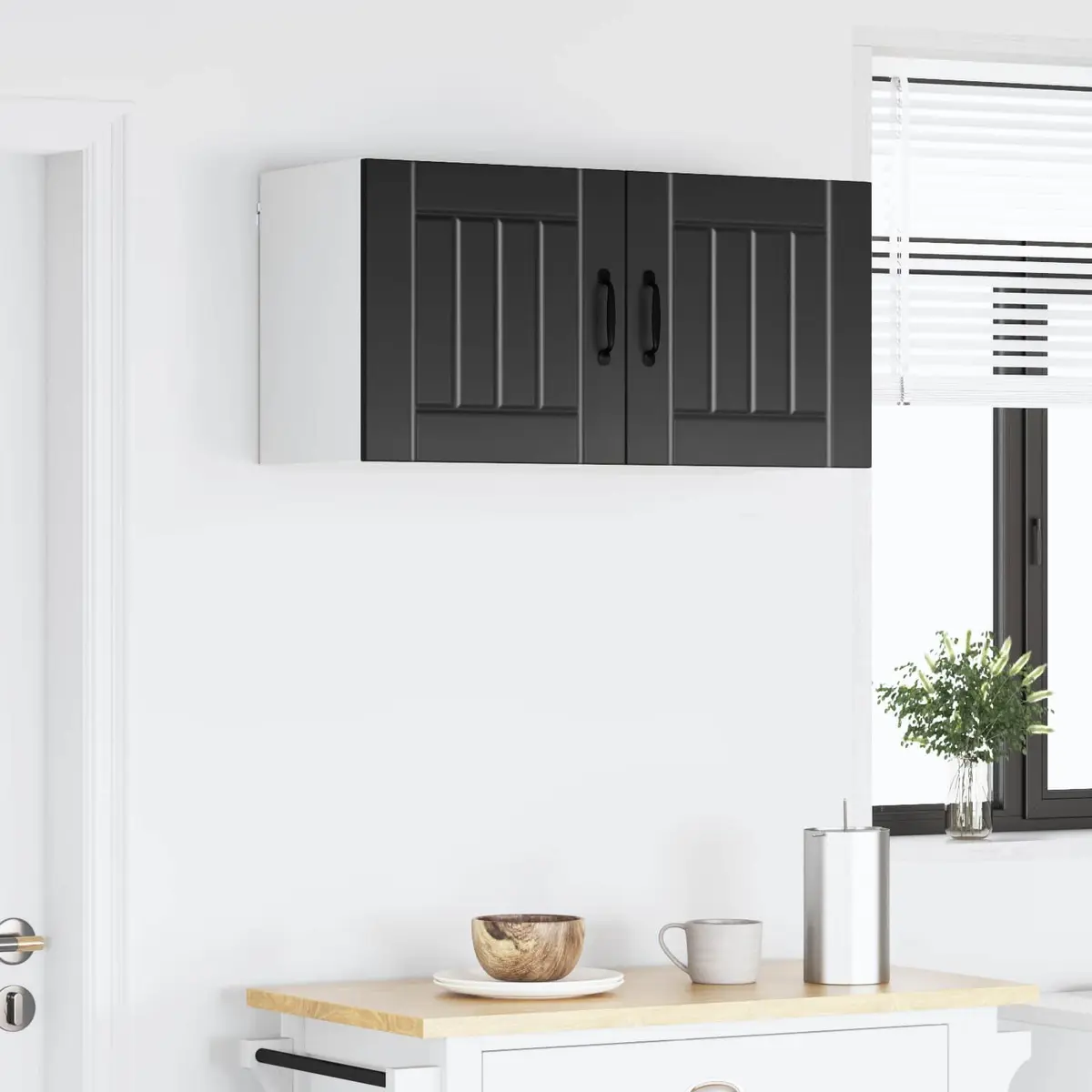 Black Wall Cabinet Set in Engineered Wood for Kitchen