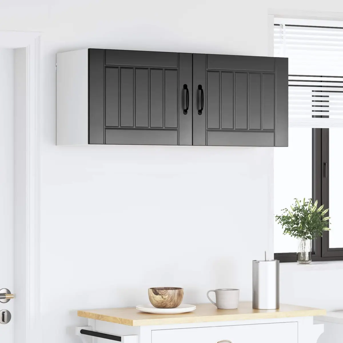Black Engineered Wood Wall Cabinet Set for Kitchens