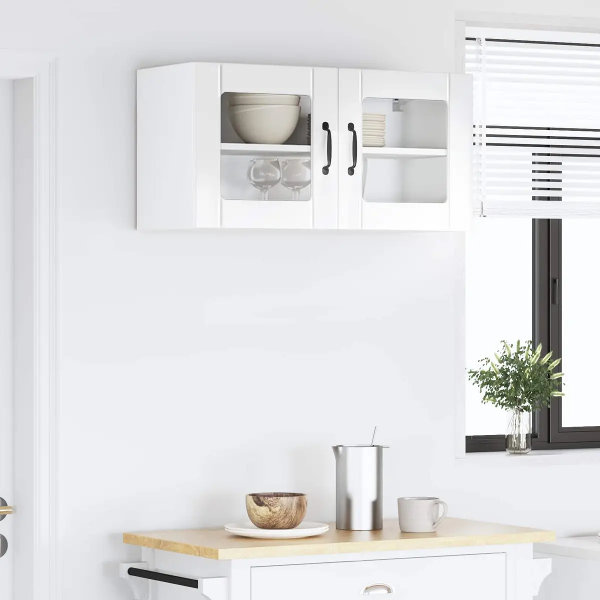Wall Glass Cabinet High Gloss White 80cm Engineered Wood Modern Kitchen Furniture