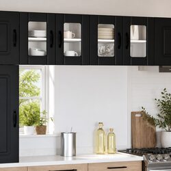 Black Engineered Wood Wall Glass Cabinet for Kitchen