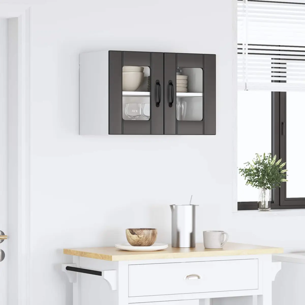 Black Engineered Wood Wall Glass Cabinet for Kitchen