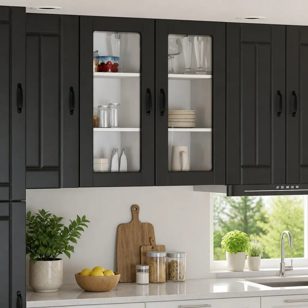 Black Wooden Wall Glass Cabinet for Kitchen Display
