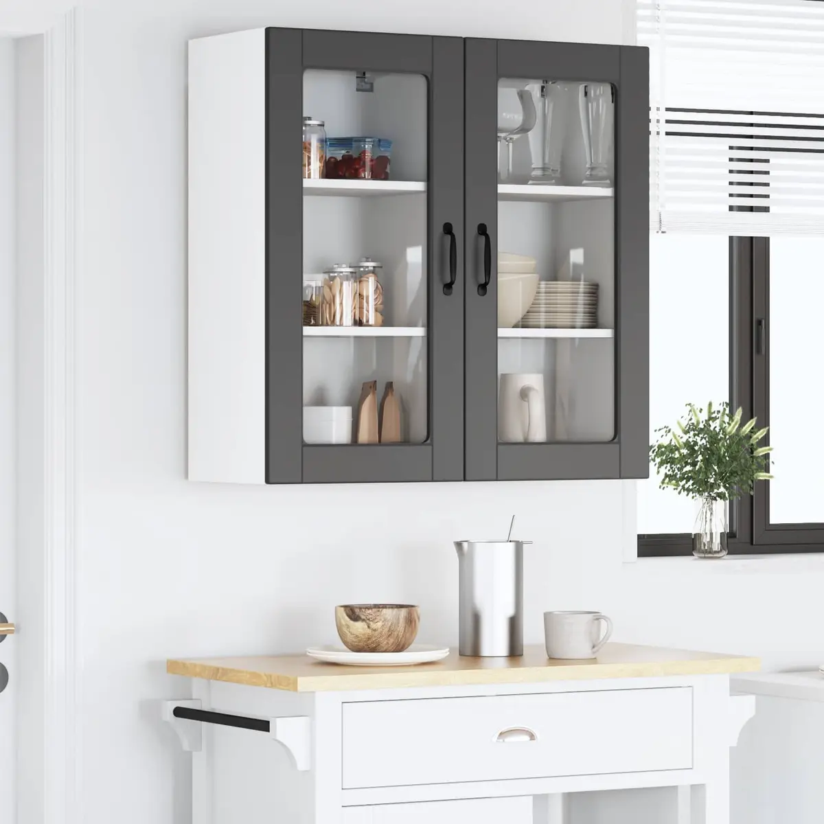 Black Wooden Wall Glass Cabinet for Kitchen Display