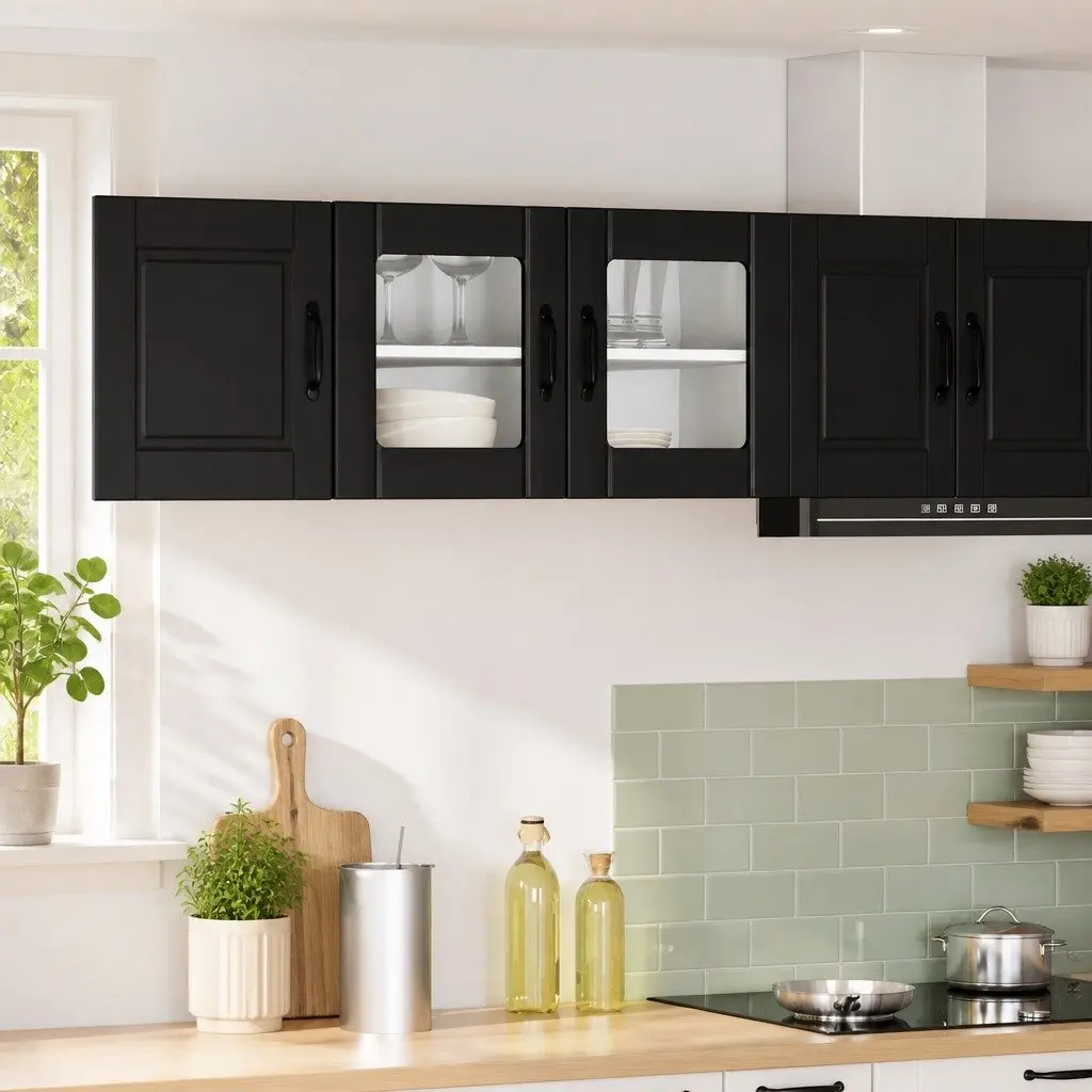 Wall Glass Cabinet Black 80x31x40cm Kitchen Storage Engineered Wood Modern