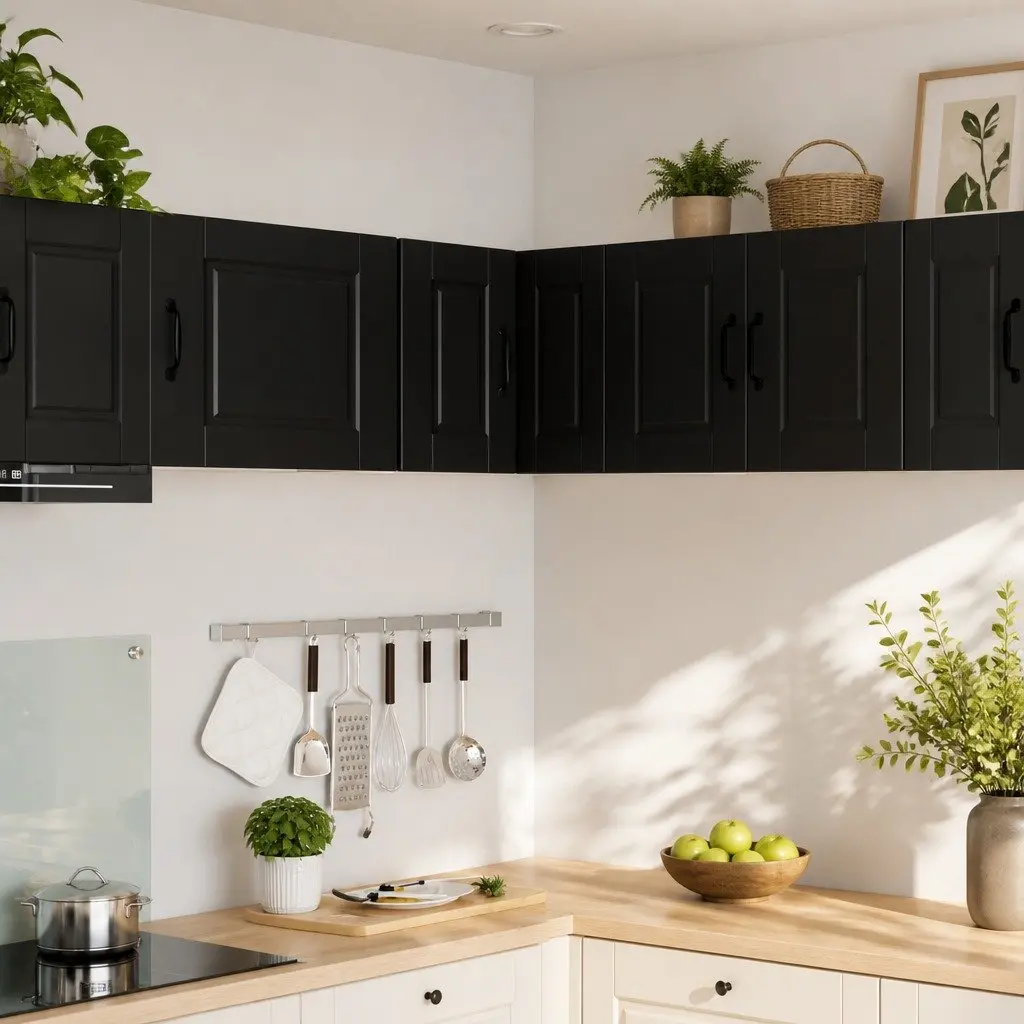 Black Wall-Mounted Corner Kitchen Cabinet with Shelves