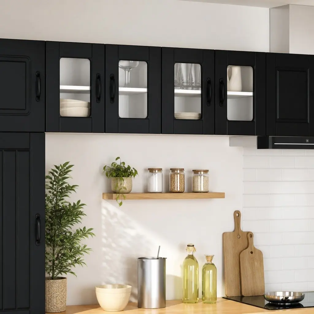 Wall Glass Cabinet Black Kitchen Storage 60 x 31 x 40 cm Engineered Wood Modern Shelving 2 Piece